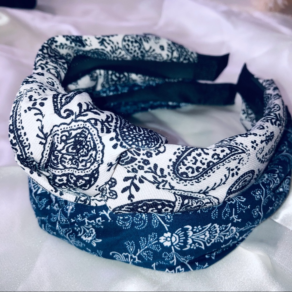White and Blue Paisley Headband